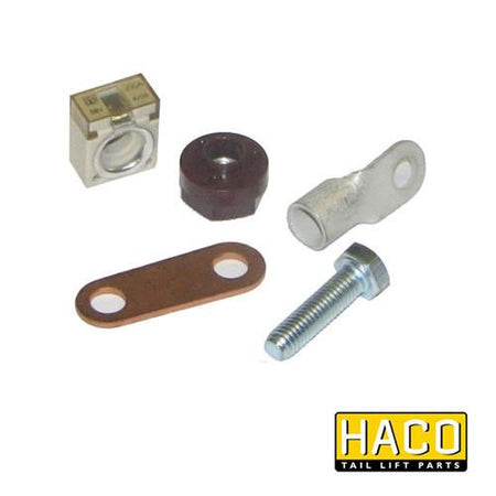 Fuse complete HACO for Dhollandia Tail Lifts, compatible with part E0287.300, shown with related metal hardware, emphasizing high-quality trailer components.