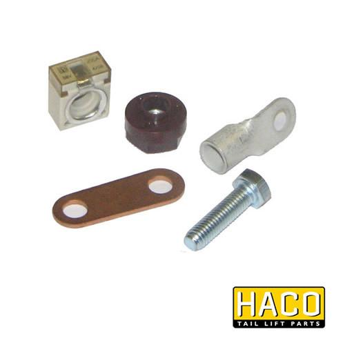 Fuse complete HACO for Dhollandia Tail Lifts, compatible with part E0287.300, shown with related metal hardware, emphasizing high-quality trailer components.