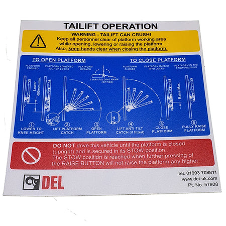 Tailift Operation Decal for TL1000/DL500 lifts, featuring detailed instructions and a fan diagram, essential for efficient lift operation.