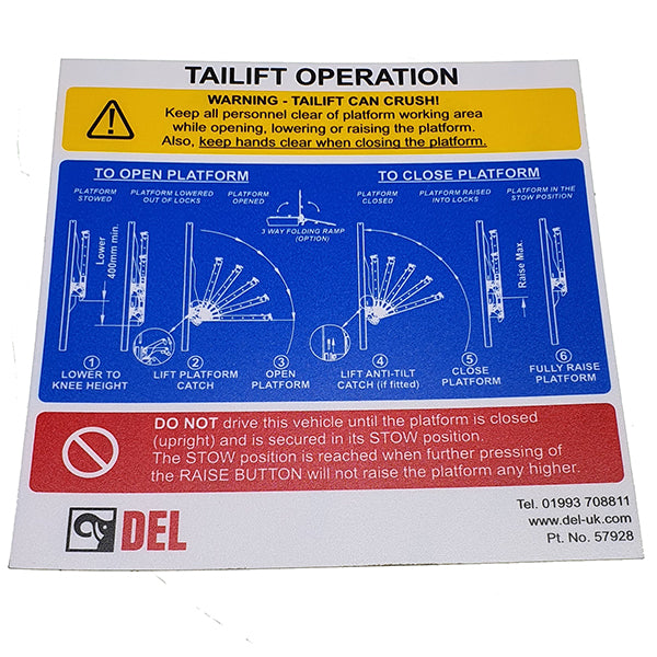 Tailift Operation Decal for TL1000/DL500 lifts, featuring detailed instructions and a fan diagram, essential for efficient lift operation.
