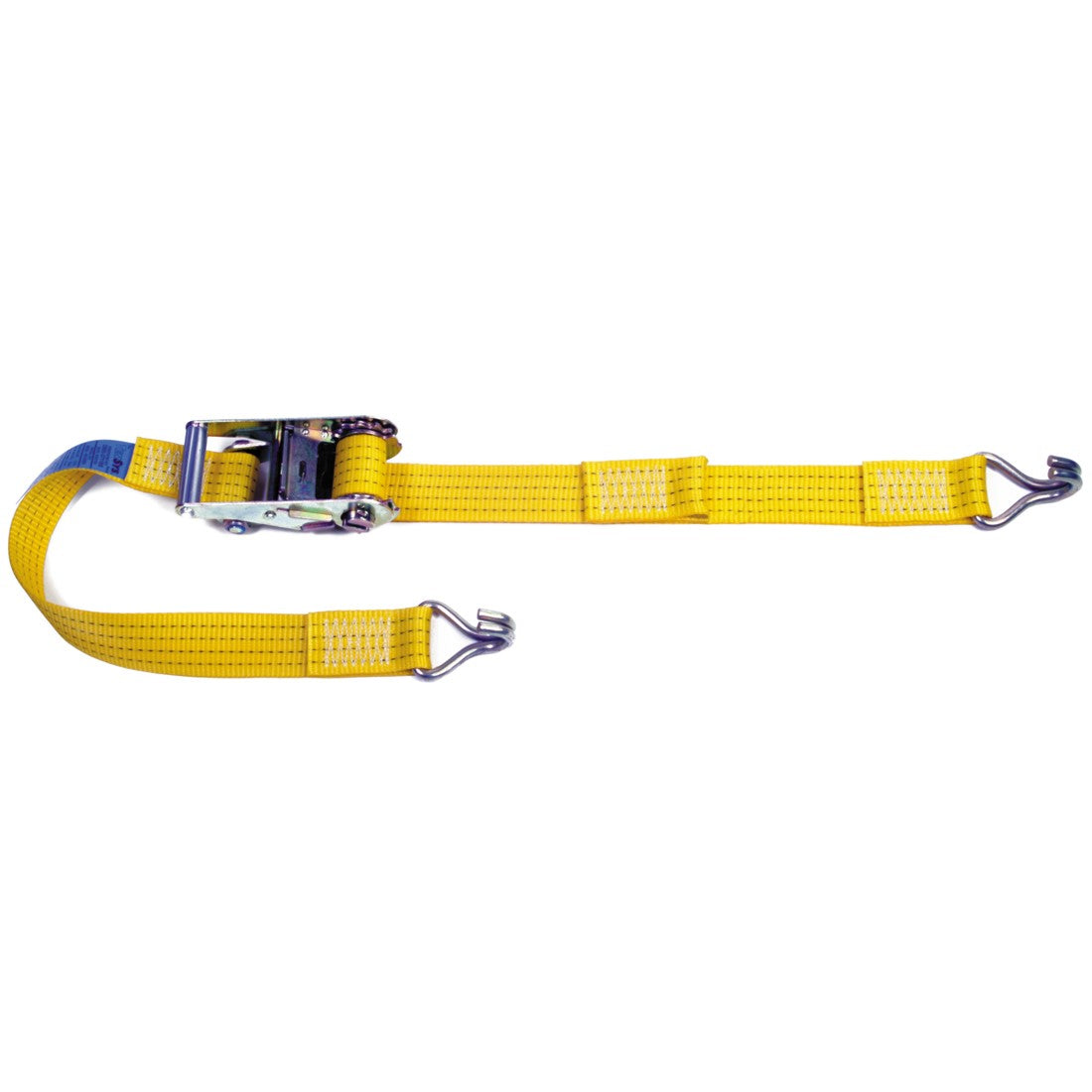 IBV50-6 Internal Box Van Strap with metal hook, yellow low elongation polyester, heavy-duty ratchet buckle, and claw hooks for secure load restraint.