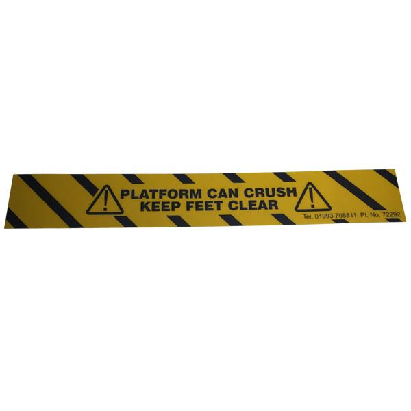 Side Marker Decal for Del Tail Lifts featuring a yellow warning sign with black stripes and text, ideal for enhancing trailer visibility.