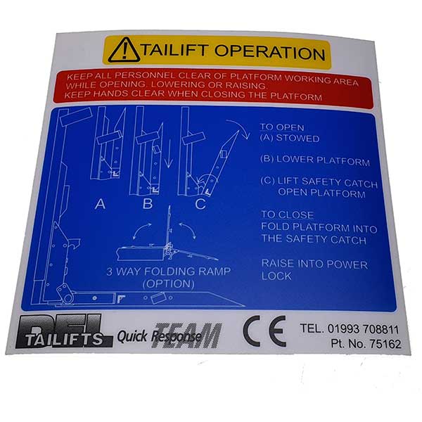 Tail Lift Operation Decal DL1000 with instructional text for DL1000 lifts, designed for easy installation on commercial vehicles.