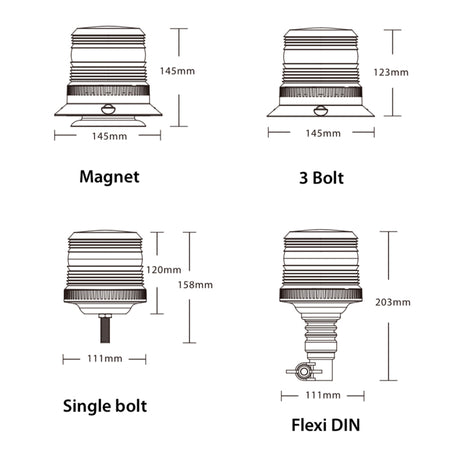Diagram of Beacons 12-80v featuring various fixtures and mechanical parts, highlighting the product's design and functionality with LEDs and multiple flash patterns.