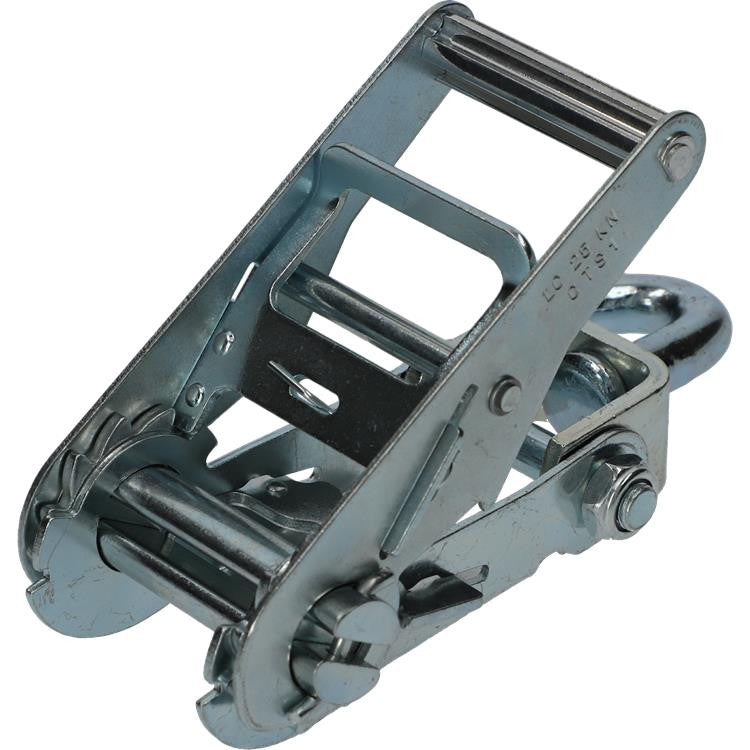 5,000kg Narrow Handled Ratchet with Swivel Hook, silver metal, ideal for car transport with 50mm straps, offering a double lock and 360-degree swivel.