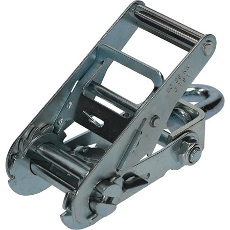 5,000kg Narrow Handled Ratchet with Swivel Hook, silver metal, ideal for car transport with 50mm straps, offering a double lock and 360-degree swivel.