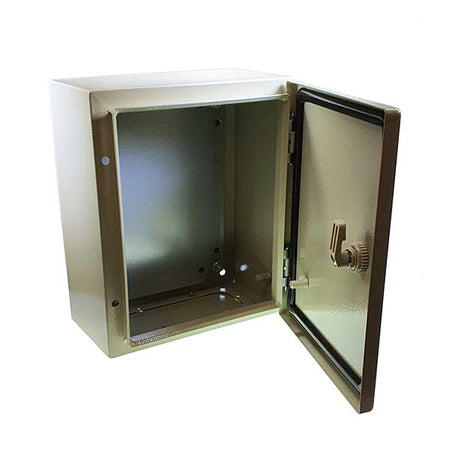 Control Box Outer Locker with open door, featuring a twist lock handle, four rear mounting holes, and cable entry; ideal for mounting control boxes.