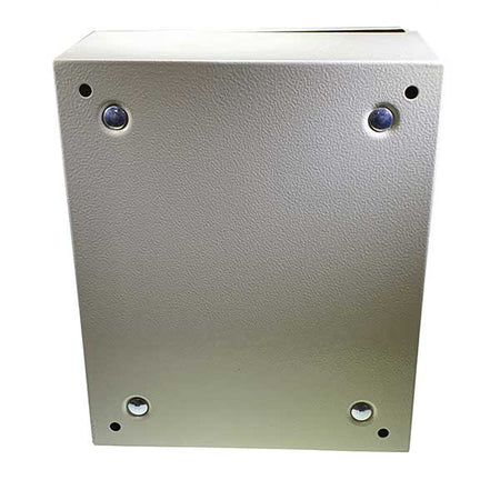 Control Box Outer Locker with screws, powder-coated white, featuring a twist lock handle, IP66 rating, and four rear mounting holes, suitable for commercial trailer installations.
