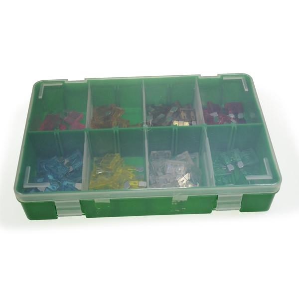 Blade Fuse Assortment Box containing 130 assorted blade fuses in a green plastic container, ideal for commercial trailer parts and vehicle maintenance.