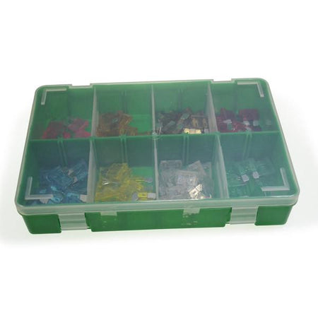 Blade Fuse Assortment Box containing 130 assorted blade fuses in a green plastic container, ideal for commercial trailer parts and vehicle maintenance.