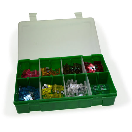 Blade Fuse Assortment Box featuring a green plastic container with various colored blade fuses designed for high performance in commercial vehicle applications.
