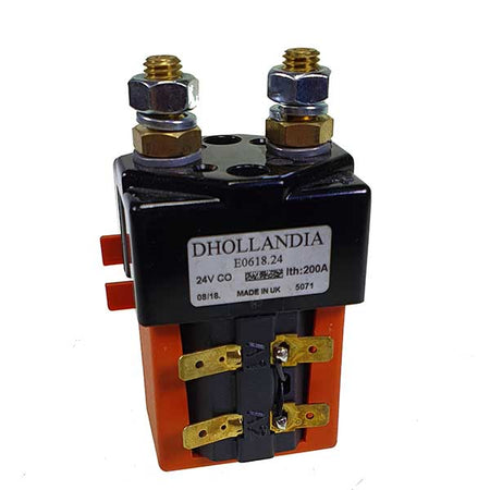 24v Starter Solenoid 200 AMP, close-up showcasing electrical components and label, ideal for commercial trailers.
