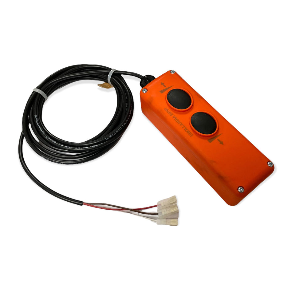2 Button Control Box (E0797.J) with attached black wire, designed for Dhollandia Tail Lifts, featuring two visible buttons for efficient operation.