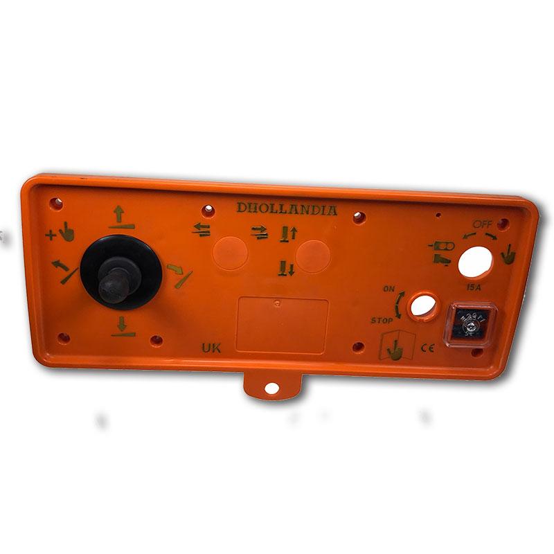 Control Box Front Plate Left for Dhollandia Tail Lifts, featuring black buttons and a knob, designed for commercial trailer lift systems.