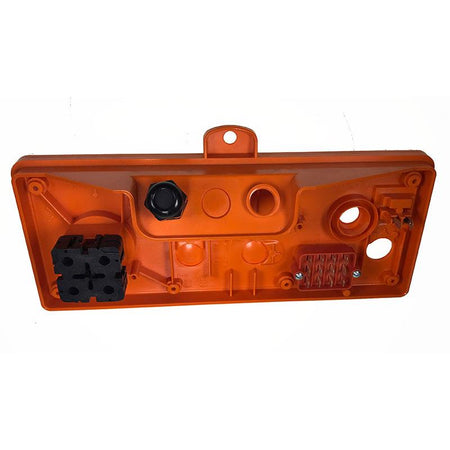 Control Box Front Plate Left for Dhollandia Tail Lifts, featuring an orange plastic design with black components, essential for commercial vehicle maintenance.