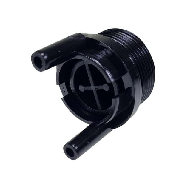 Fixation push button E0830, black plastic with two holes and cross design, suitable for large commercial vehicle parts.