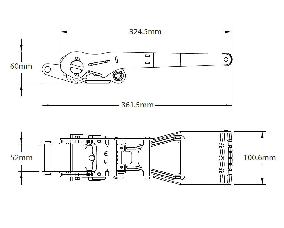 50mm 5000kg ERGO Ratchet Strap Claw Hooks - 6 METRES, detailed technical drawing showing ratchet tensioner design for efficient load restraint.