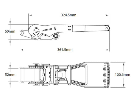 50mm 5000kg ERGO Ratchet Strap Claw Hooks - 6 METRES, detailed technical drawing showing ratchet tensioner design for efficient load restraint.