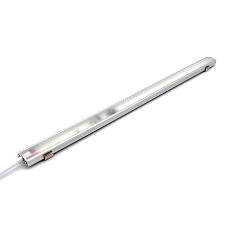 LED Interior Light Strip with aluminium casing and fixed plastic diffuser, available in 300, 500, or 1000mm. Designed for vehicle installation with high brightness LEDs.