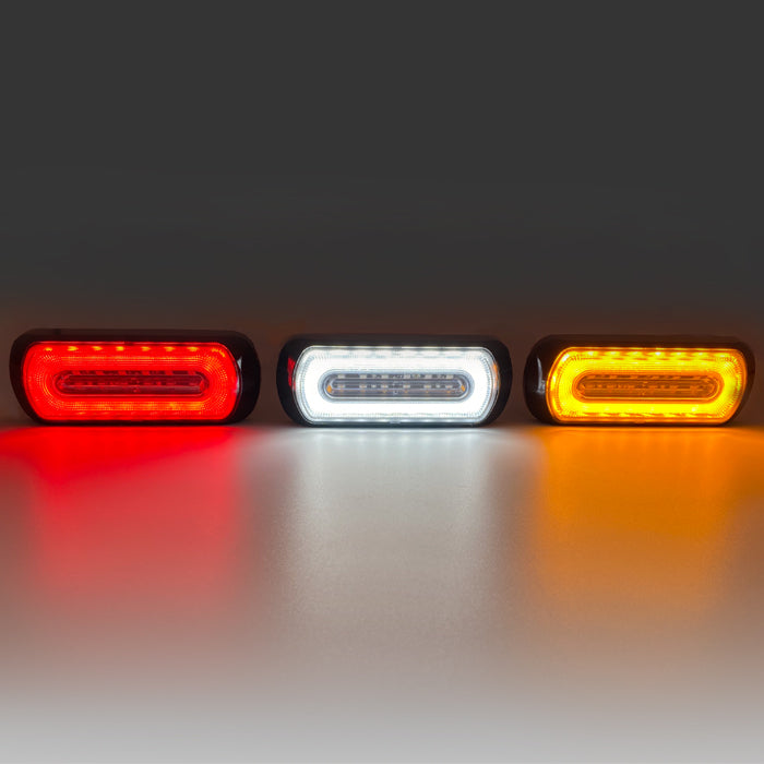 Halo Ring Dual Function Warning & Marker Light, featuring surface-mounted LEDs, showcasing diverse colored lights, ideal for commercial trailer safety enhancements.