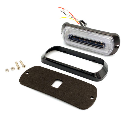 Halo Ring Dual Function Warning & Marker Light, featuring a black rectangular module with visible wires and screws, designed for efficient trailer signal and safety applications.