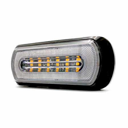 Halo Ring Dual Function Warning & Marker Light, featuring a close-up of its clear lens and black housing, highlighting LED configurations for commercial vehicle safety.