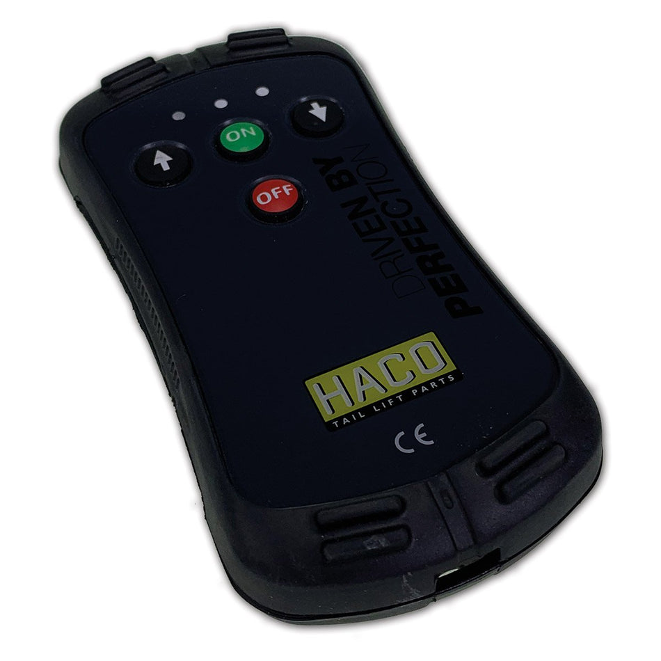 Wireless Remote Control 2 Buttons for Tail Lifts, featuring clearly labeled red and green buttons for up and down functions. Ideal for various tail lift models.