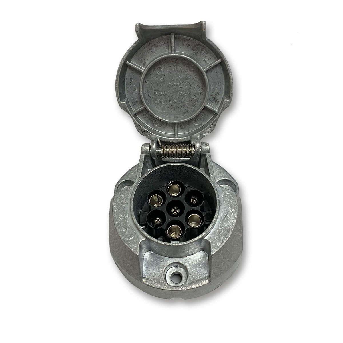 Wander Lead Metal 7-pin Socket (Female) with open metal lid, showcasing a robust design suitable for commercial trailers and vehicles.