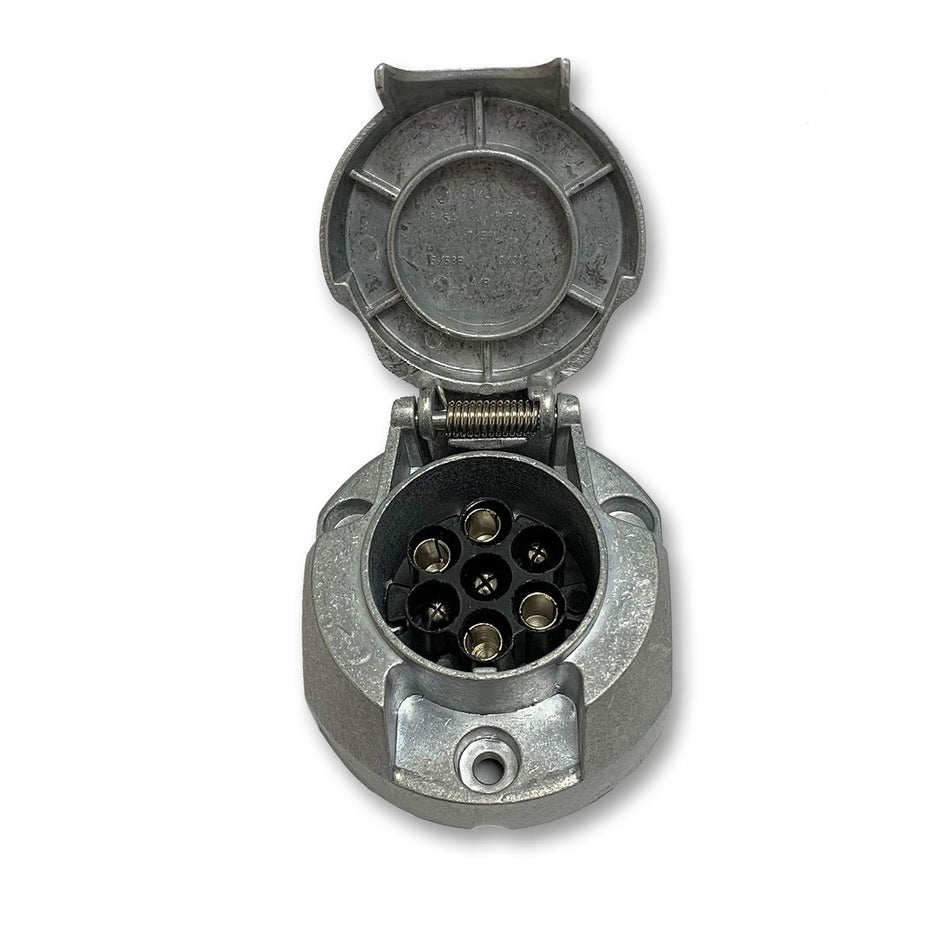 Wander Lead Metal 7-pin Socket (Female) with open metal lid, showcasing a robust design suitable for commercial trailers and vehicles.