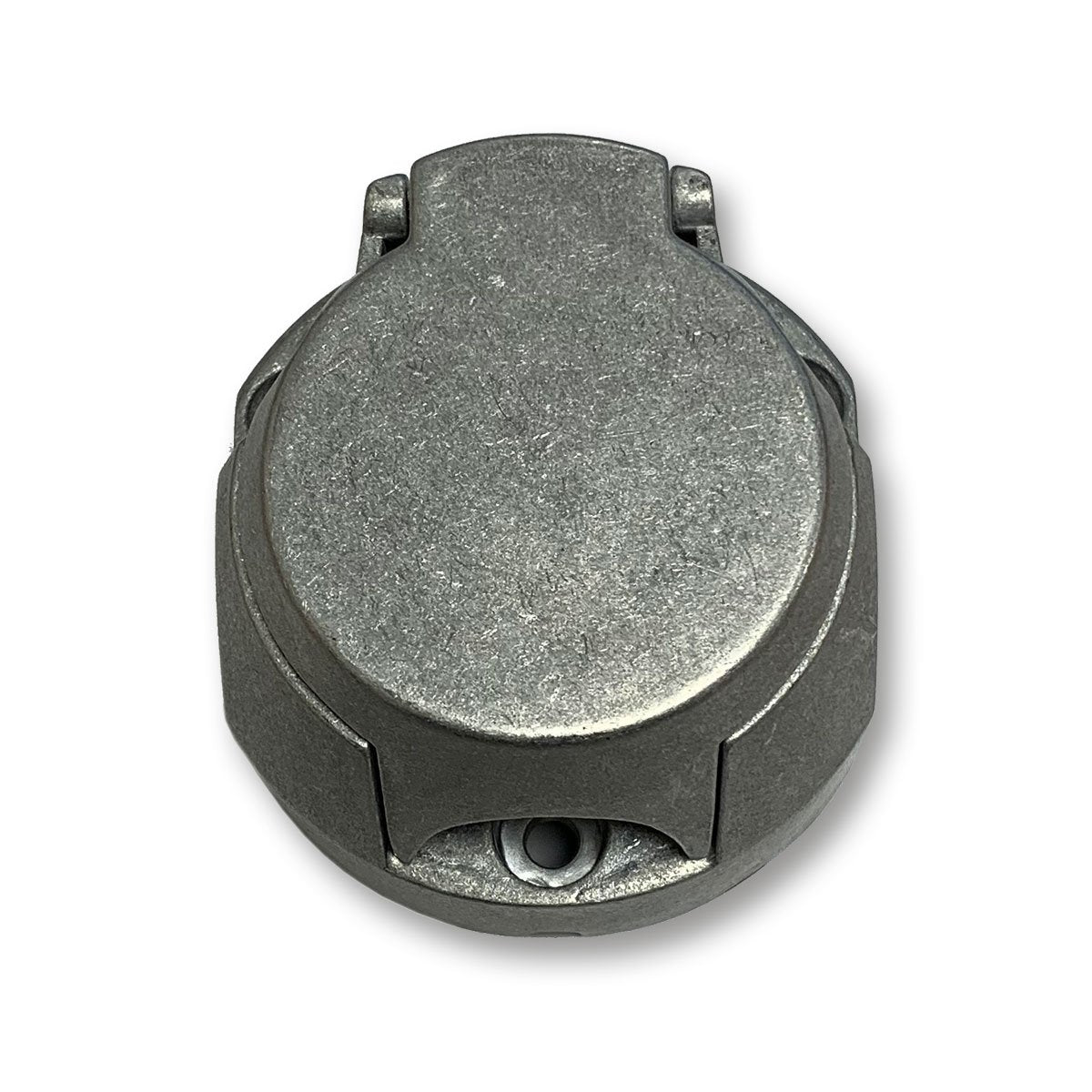 Wander Lead Metal 7-pin Socket (Female), a round metal component with a center hole and screw, ideal for trailer connections.