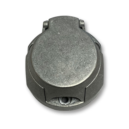 Wander Lead Metal 7-pin Socket (Female), a round metal component with a center hole and screw, ideal for trailer connections.