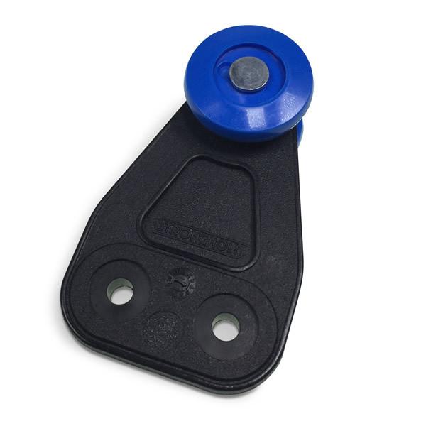 Blue Stronghold Curtain Roller featuring a round blue wheel, designed for durability in commercial trailers and vehicles.