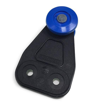 Blue Stronghold Curtain Roller featuring a round blue wheel, designed for durability in commercial trailers and vehicles.