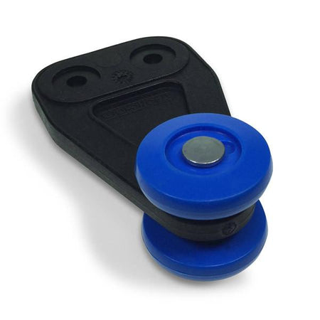 Blue Stronghold Curtain Roller, featuring a robust blue and black design with a round metal component, ideal for commercial trailer curtain systems.