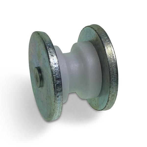 Close-up of the Lawrence David Curtain Roller, featuring a 38mm diameter wheel, designed for commercial trailers by Nationwide Trailer Parts Ltd.