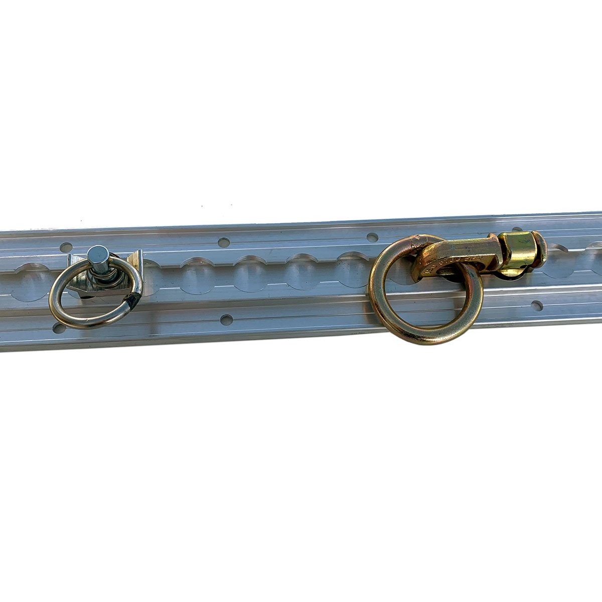 Aluminium Captive Track with rings and holes, designed for commercial vehicles and HGV trailers, suitable for Double and Single Stud fittings.