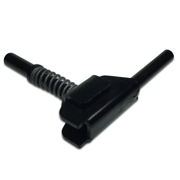 Lock bumper plate for Dhollandia Tail Lifts, featuring a black metal object with a spring and handle, ideal for commercial vehicle tail lift systems.
