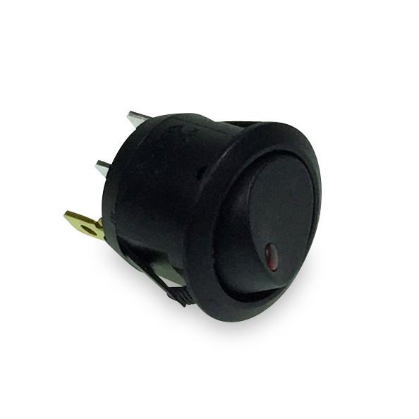 Rocker Switch with On/Off LED featuring a red indicator light, designed for 20mm panel holes, suitable for 12 or 24 volt systems.