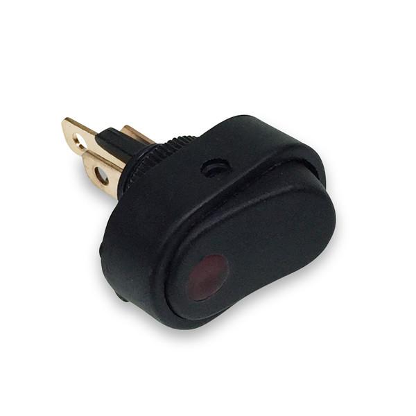 Rocker Switch with On/Off LED 24V, featuring a black round design with a red button, suitable for 4mm panel thickness and 12.2mm diameter hole.
