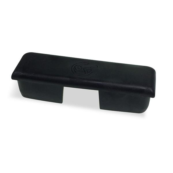 End Cap for Sideguard Rail & Pedestrian Kits, featuring a black plastic finish with logo, compatible with Single/Double Pedestrian Kits and Sideguard Rails.