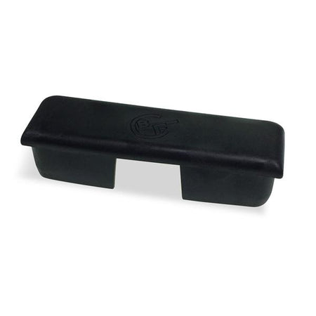 End Cap for Sideguard Rail & Pedestrian Kits, featuring a black plastic finish with logo, compatible with Single/Double Pedestrian Kits and Sideguard Rails.