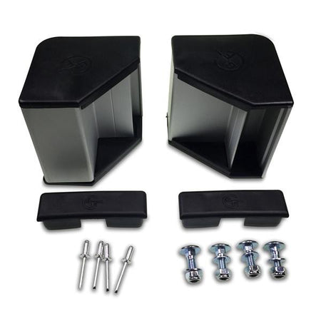 Pedestrian End Rail Kits (Single) featuring anodised aluminium guards, end caps, cover plates, mounting bolts, and attachment rivets. Ideal for securing commercial trailer components.