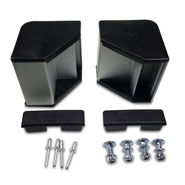 Pedestrian End Rail Kits (Single) featuring anodised aluminium guards, end caps, cover plates, mounting bolts, and attachment rivets. Ideal for securing commercial trailer components.