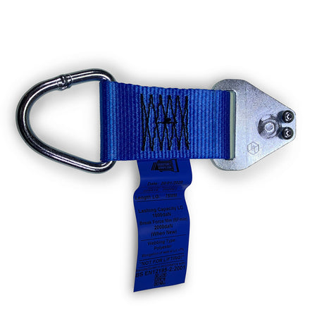 Lashing Extension for 1805 & 1806 Load Track, featuring a blue strap with metal hook and ring, supports 2000kg load capacity.