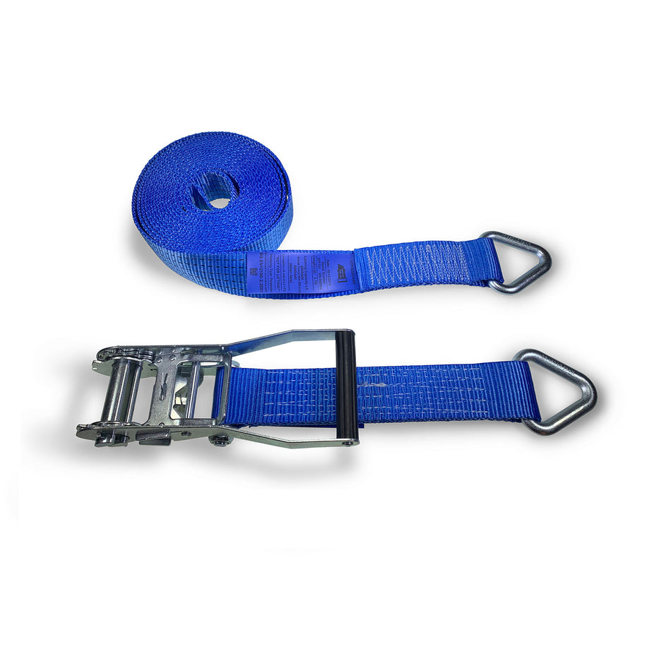 50mm 5000kg Delta Rings - 4 METRES strap with metal buckle and ratchet tensioner, designed for load restraint in commercial trailers.