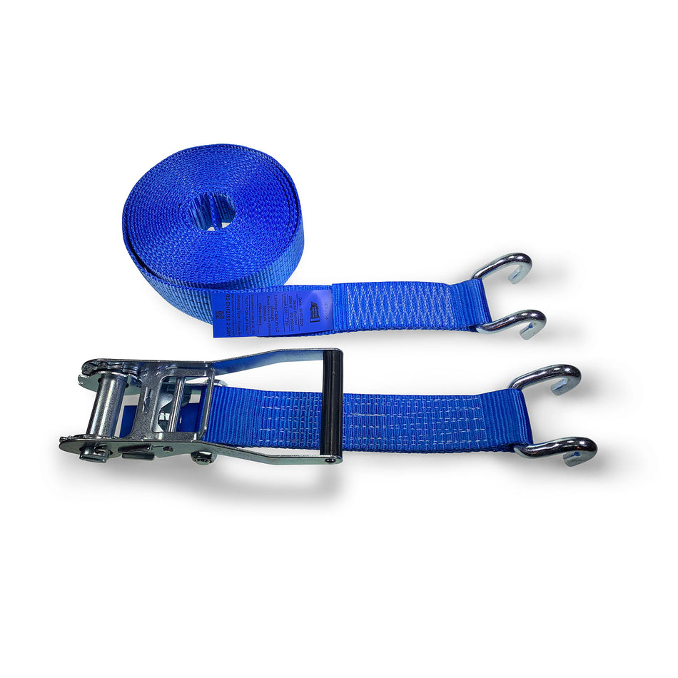 50mm 5000kg Ratchet Strap with Chassis Hooks, featuring a blue strap with metal buckle and hooks, 12 metres long, for commercial trailer load restraint.
