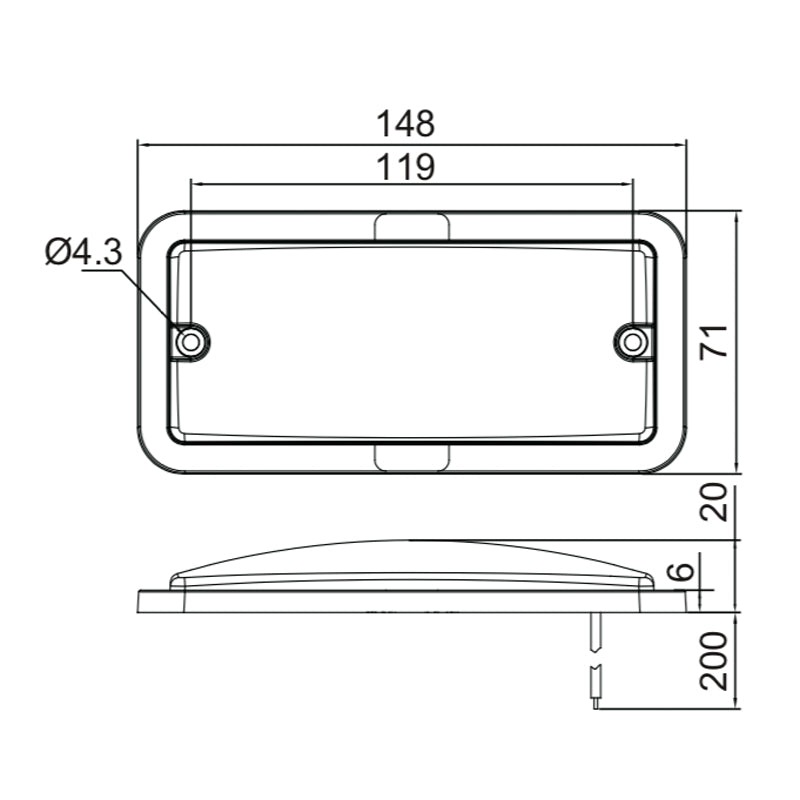Sketch of the Interior LED Lamp featuring a rectangular design with surface mount fitting, ideal for commercial trailers and camper vans.