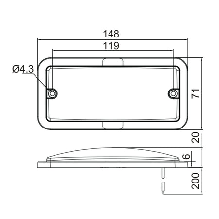 Sketch of the Interior LED Lamp featuring a rectangular design with surface mount fitting, ideal for commercial trailers and camper vans.