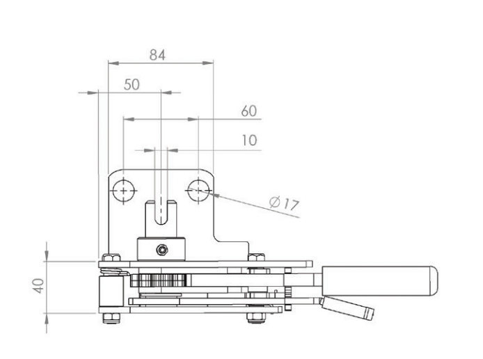 R55DB Ratchet Tensioner technical drawing, showcasing the slimline lever ratchet design, slotted spindle, and integrated handle catch for commercial trailers.