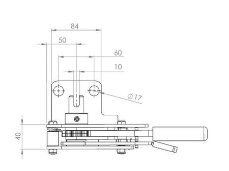 R55DB Ratchet Tensioner technical drawing, showcasing the slimline lever ratchet design, slotted spindle, and integrated handle catch for commercial trailers.